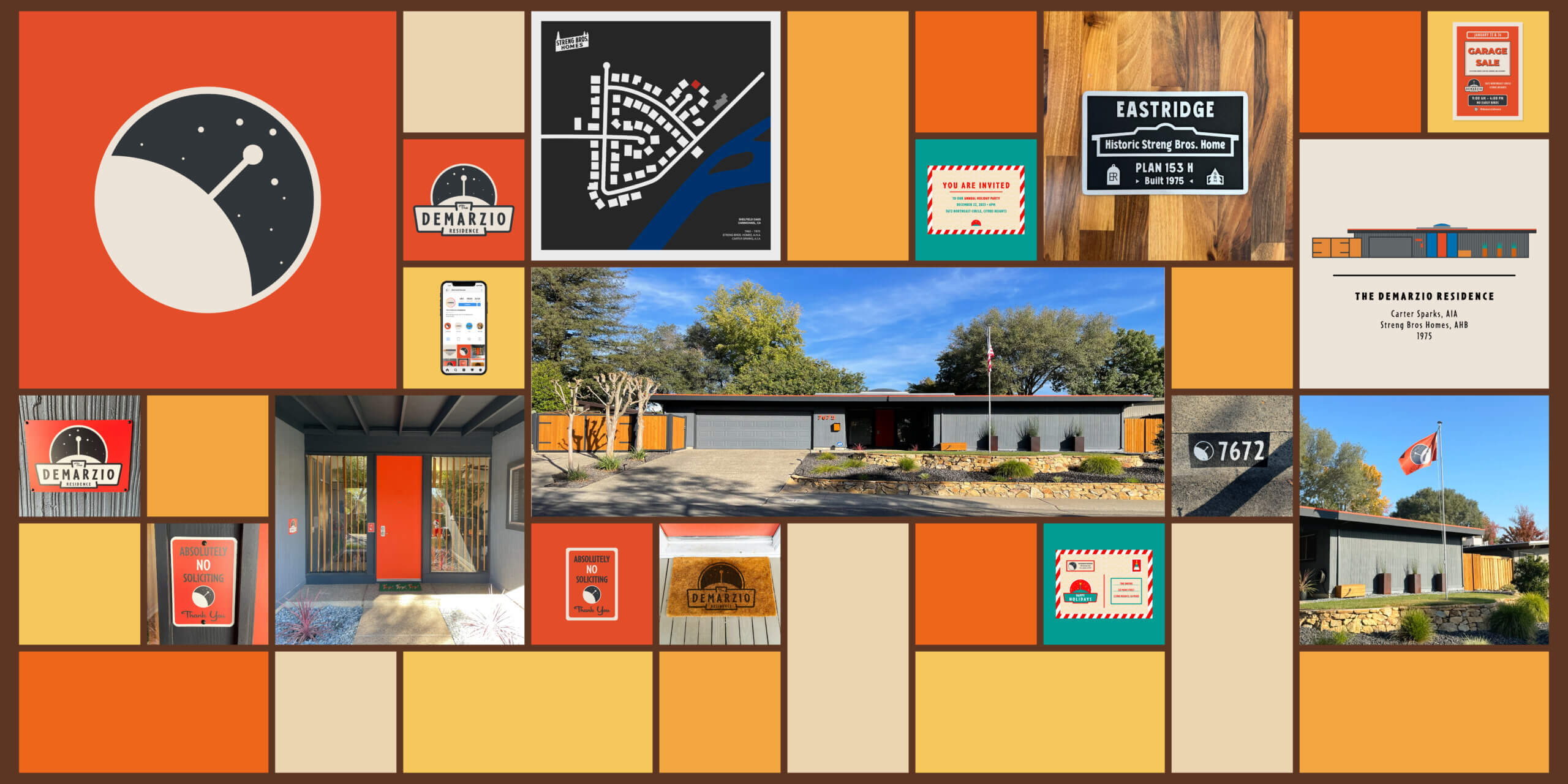 images featuring digital and real world examples of house branding services offered by Foxface Design, including logos, signage like historic home plaques, print collateral, a neighborhood map, painted curb numbers, and a custom flag